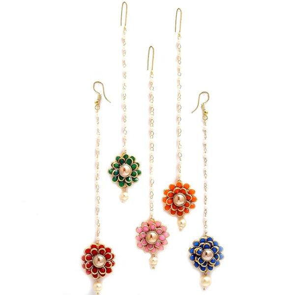 ZENEME Gold-Plated Pink-Green-Orange-Red-Blue AD with Pearls studded Flower Shaped MaangTikka (Combo Of 5) - Image 5
