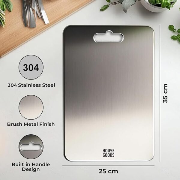 HOUSEGOODS Premium 304 Steel Chopping Board for Kitchen, Made by Tata Stainless Steel, Rust-Free Cutting Board, Non-Slip, Anti-Bacterial, Chef Approved, Ideal for Vegetables, Fruits, Meat 35cm x 25cm - Image 4