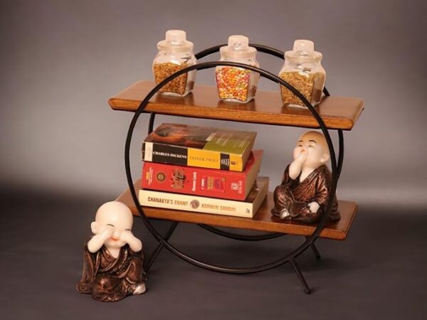Vesta Homes Circular Home and Kitchen Organizer Rack/Storage Shelves/Spice Shelf/Wooden Organizer for Office, Bedroom | 40.5 x 16.5 x 37 cm | Mango Wood and Iron | Handcrafted in India - Image 2