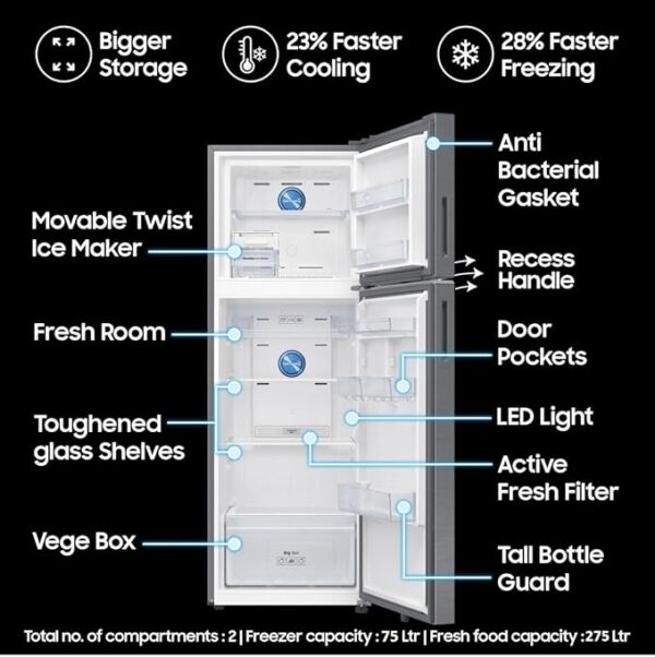 Samsung 350 L, 3 Star, Convertible 5-in-1, Digital Inverter, Frost Free Double Door, WiFi Enabled Bespoke AI Refrigerator (RT38DG5A4DS8HL, Elegant Inox, Silver) - Image 3