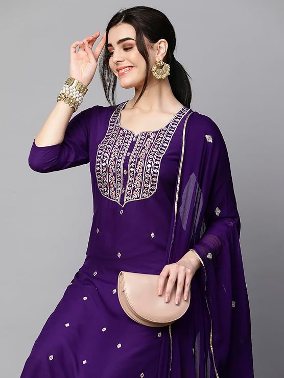 GoSriKi Women's Cotton Blend Embroidered Straight Kurta with Pant & Dupatta - Image 5