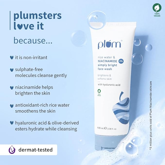 Plum Simply Bright 2% Niacinamide Face Wash with Rice Water | Brightens, Softens & Smoothens Skin | for Oily, Acne Prone, Dry, Normal, Sensitive Skin | Gentle & Non-Drying | for Men & Women | 100ml - Image 3