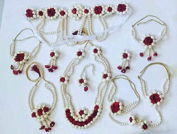 Sanvatsar Jewelry Pearl Designer White & Red Jewellery Set with 10 Items for Women & Girls (Mehandi/Haldi/Bridal/engagement/Baby Shower Function) SP.5 - Image 4