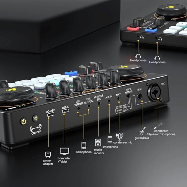 Audio Interface-Podcast Equipment-MAONO-MaonoCaster-All in One - Portable Podcast production Studio with premium mic preamp for Podcast Recording, Streaming, Youtube, DJ, PC, Smartphone (AME2) - Image 3
