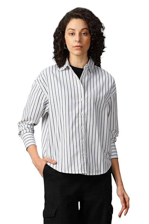 High Star Women Cotton Striped Oversized Fit Collar Full Sleeves Shirts