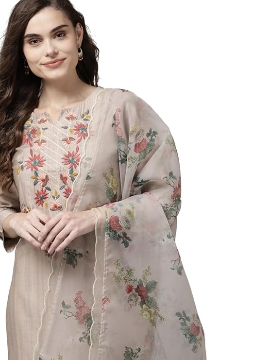 INDO ERA Women's Viscose Rayon Embroidered Straight Kurta with Pant & Dupatta Set