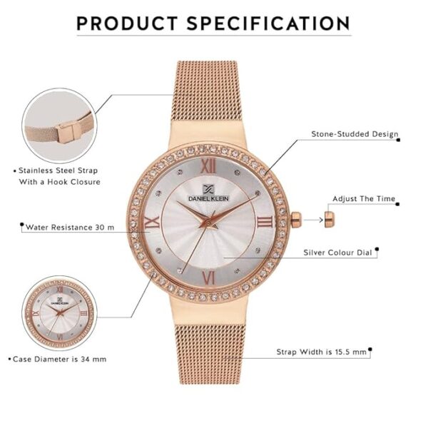 Daniel Klein Metal Analog Dial Women Watch- Dk11683-3, Band_Gold, Dial_Silver - Image 3