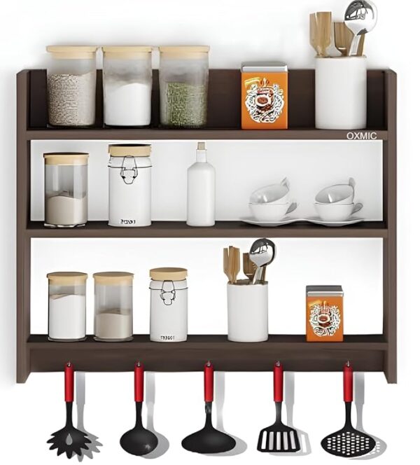 OXMIC Wooden Wall Kitchen Rack Wall Mounted Racks, Organizer, Shelf for Kitchen Storage Boxes Wooden Wall Shelf (Brown)
