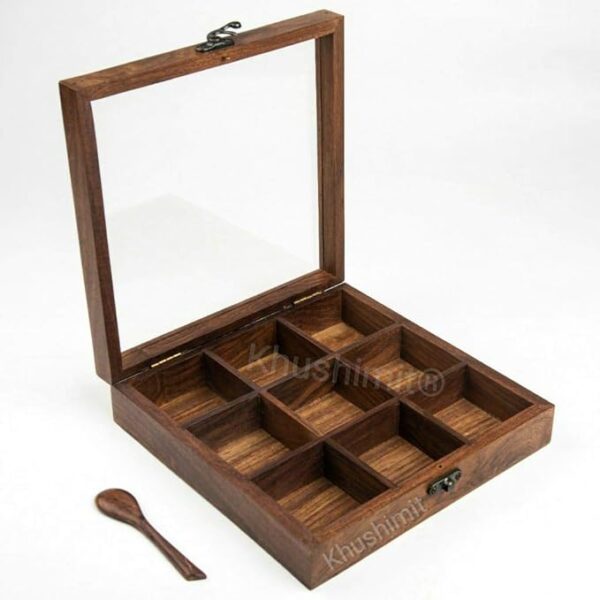 Khushimit® Pure Sheesham Wooden Masala Dabba Spice Box with Glass Lid | Multipurpose Storage Box for Kitchen with 1Spoon | Antique Look | Explore Your Kitchen with Nature | Model No. - KM9P01 - Image 3