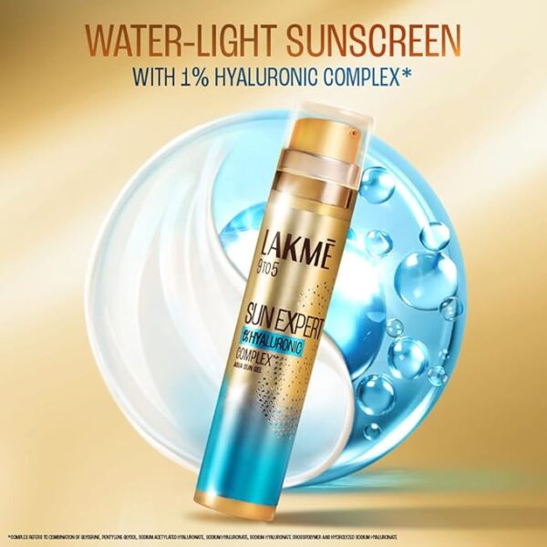 LAKMÉ Sun Expert 1% Hyaluronic water-light Sunscreen gel SPF 50 Pa++++ Best for Oily Skin | Even toned & Glowing Skin | Non-Sticky| Helps reduce pigmentation | UVA/B Protection, No White Cast 56G - Image 3