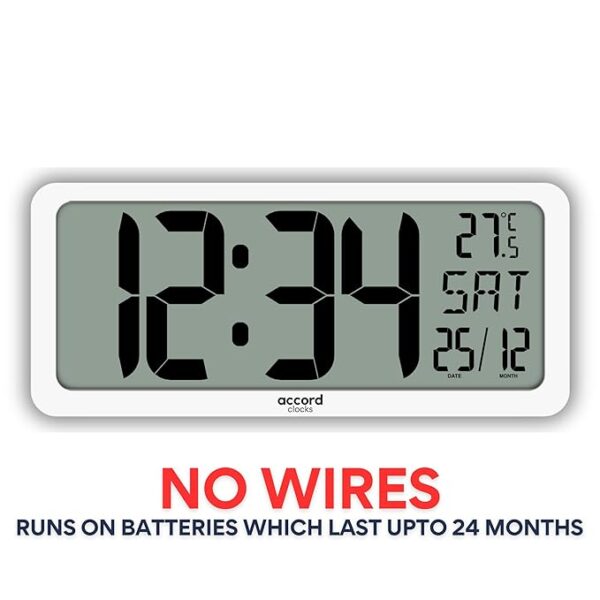 Click to open expanded view   2 VIDEOS     2+ ACCORD CLOCKS Large Digital Wall Clock 14 Inch - Battery Operated (No Wires), Big Display with Alarms, Day & Date (Indian Format), Room Temperature -Plastic,White - Image 3