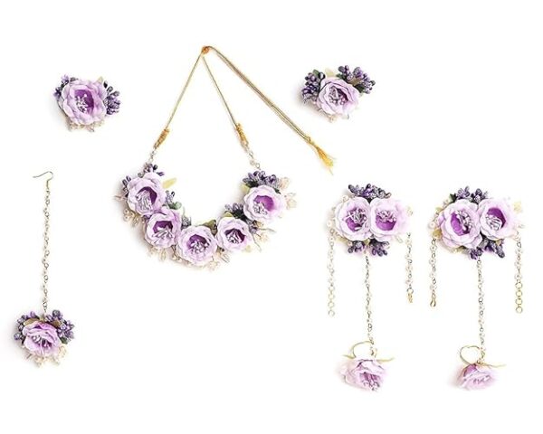 NMII Rose Flower Jewellery Set For Bridal Women & Girls with White Moti Pearls | Includes Necklace, Maang Tikka, Earring, Hathpool Bangle Bracelet With Ring | Haldi, Mehandi, Wedding, Festive, Party