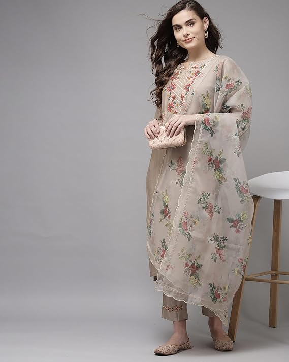 INDO ERA Women's Viscose Rayon Embroidered Straight Kurta with Pant & Dupatta Set - Image 2