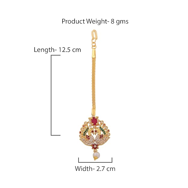 Estele CZ Entwined Peacock Designer Maang Tikka with Pearls for Girls & Women's - Image 4