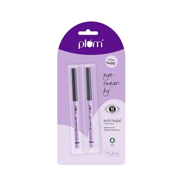 Plum Eye-Swear-By Kohl Kajal Combo | Set of 2 | Deep Black | Creamy Smooth | Smudge-Proof | Waterproof | Retractable Pencil | Vegan & Cruelty-Free