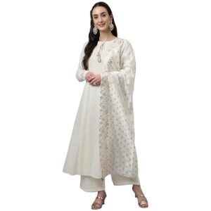 FIORRA Women's Off White Pure Cotton Flared Kurta with Palazzo and Dupatta