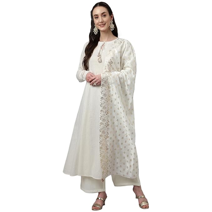 FIORRA Women's Off White Pure Cotton Flared Kurta with Palazzo and Dupatta