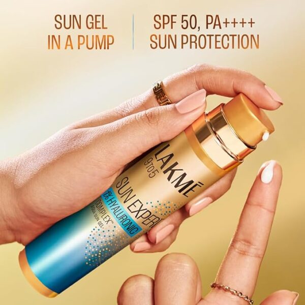 LAKMÉ Sun Expert 1% Hyaluronic water-light Sunscreen gel SPF 50 Pa++++ Best for Oily Skin | Even toned & Glowing Skin | Non-Sticky| Helps reduce pigmentation | UVA/B Protection, No White Cast 56G - Image 4