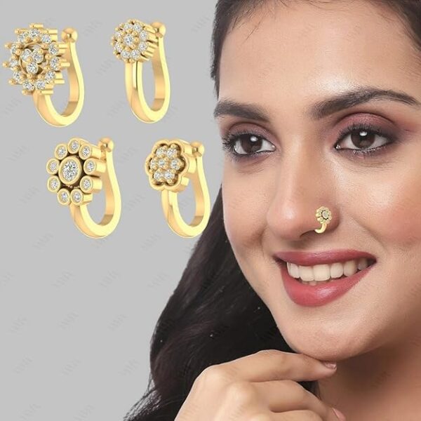 VAMA FASHIONS Without Piercing Clip on Nose pin without Hole Pressing Type Press Nose ring Stud for Women - 4 Pcs - Image 2