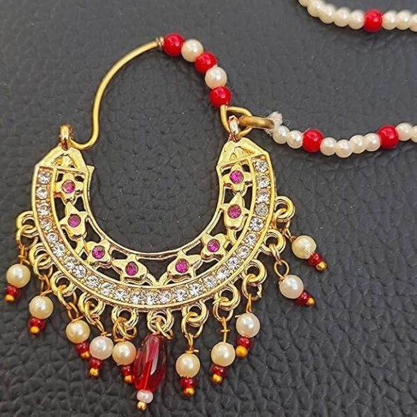 Mahalakshmi Gold Plated Traditional Medium Size Nose Ring/Nath | Nathiya with Pearls & Chain Design for Women and Girls Pack of 1 - Image 2