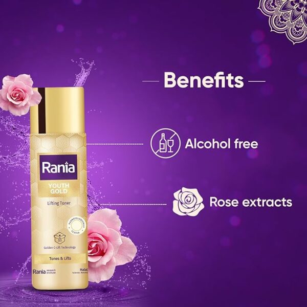Rania Rose water| Alcohol free toner| Boosts skin hydration| Calms & soothes skin|Vit C,24K Gold, Licorice extracts|Niacinamide, Honey, Glutathione|100% Halal| Refines, lifts & softs skin, 100ml - Image 3