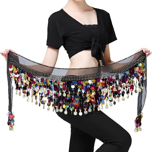 FASHIONSLIQUE® Premium Belly Dance Belt/Hip Scarf with Multicolor Coins and Sequins, Women's Chiffon Hip Scarf Waistband Belt Perfect for dance Festival Performances ! - Image 3