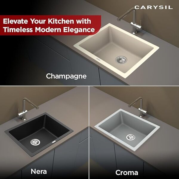 Carysil Quartz TITANIUM SERIES Single Bowl Kitchen Sink | Real Stone Finish Sink for Kitchen | 304 Stainless Steel Coupling | Kitchen Sink with Sloping Drains (Titanium Max Plus (24x18x8), Nera) - Image 5