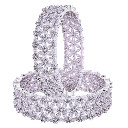 Ratnavali Jewels Silver Plated American Diamond CZ Traditional White Heavy Kada Bangles for Women