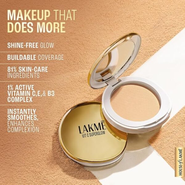 LAKMÉ Makeup+Skincare Vitc Superglow Skin Perfecting Natural Compact For All Skin Types Sand16 8 Gram,Beige - Image 4
