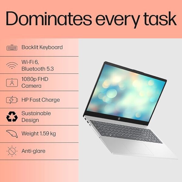 HP 15, 13th Gen Intel Core i5-1334U, 16GB DDR4, 512GB SSD, (Win 11, Office 21, Silver, 1.59kg), Anti-Glare, 15.6-inch(39.6cm) FHD Laptop, Iris Xe Graphics, FHD Camera, Backlit KB, fd0316TU/fd0315TU - Image 3