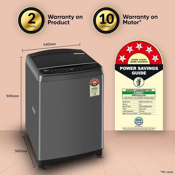 LG 10.0 Kg 5 Star AI Direct Drive Technology, ThinQ (Wi-Fi), Steam Wash for Allergy Removal Fully Automatic Top Loading Washing Machine (THD10SWM, Middle Black, More Fabric Care & Convenience) - Image 5