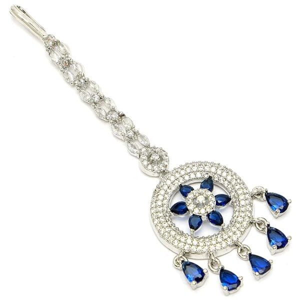 Zeneme Elegant Silver Plated Beautiful American Diamond & CZ Studded Crystal Maang Tikka for Women and Girls