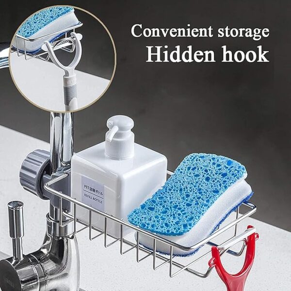 DHARMINSON Stainless Steel Faucet Storage Rack, Kitchen Bathroom Sink Organizer, Silver, Medium, 1 Tier, Countertop Mount, Adjustable, Sponge Holder, Soap Dish, Shampoo Bottle Holder - Image 5