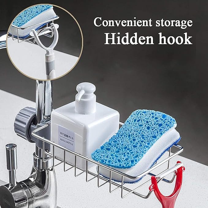 DHARMINSON Stainless Steel Faucet Storage Rack, Kitchen Bathroom Sink Organizer, Silver, Medium, 1 Tier, Countertop Mount, Adjustable, Sponge Holder, Soap Dish, Shampoo Bottle Holder - Image 5