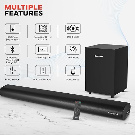 Honeywell Trueno U2000 160W Soundbar with Subwoofer, 2.1 Channel Home Theatre, 57mm*4 Drivers, Bluetooth V5.3, with Remote, 3 EQ Mode, BT, AUX, USB, Optical & HDMI-2 Years Warranty - Image 4