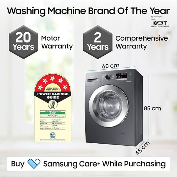 Samsung 7 kg, 5 star, EcoBubble Technology, Hygiene Steam with Inbuilt Heater, Digital Inverter, Fully-Automatic Front Load Washing Machine (WW70R22EK0X/TL, INOX GRAY) - Image 3