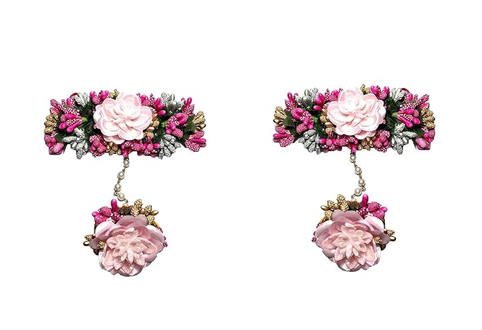 Pinoozclub Pink Fabric Flower Jewellery Set For Women/Girls. - Image 3