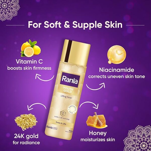 Rania Rose water| Alcohol free toner| Boosts skin hydration| Calms & soothes skin|Vit C,24K Gold, Licorice extracts|Niacinamide, Honey, Glutathione|100% Halal| Refines, lifts & softs skin, 100ml - Image 5