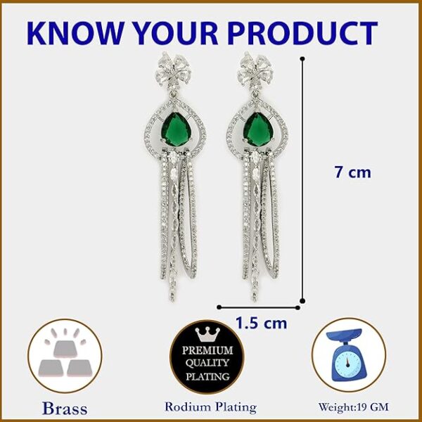 Zeneme Rhodium Plated Silver Toned American Diamond Studded Long Cluster Drop Fashion Latest Jewellery Earrings For Women & Gift For Girls - Image 5