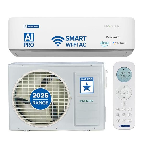 Blue Star 1 Ton 5 Star, 60 Months Warranty, Wi-Fi Smart Inverter Split AC (Copper,Convertible 5 in 1 Cooling, AI Pro, Voice Command, DigiQ Hepta Sensors, 4 Way Swing, ID512ZNURS, White)