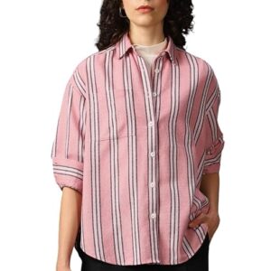 High Star Women Cotton Strip Oversized Fit Collar Full Sleeves Casual Shirts