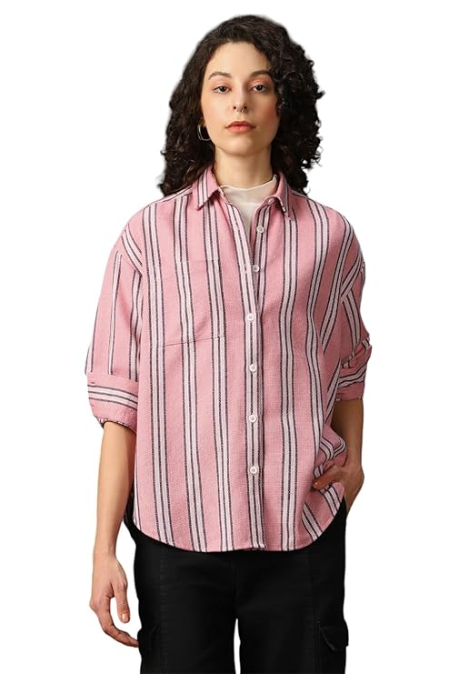 High Star Women Cotton Strip Oversized Fit Collar Full Sleeves Casual Shirts