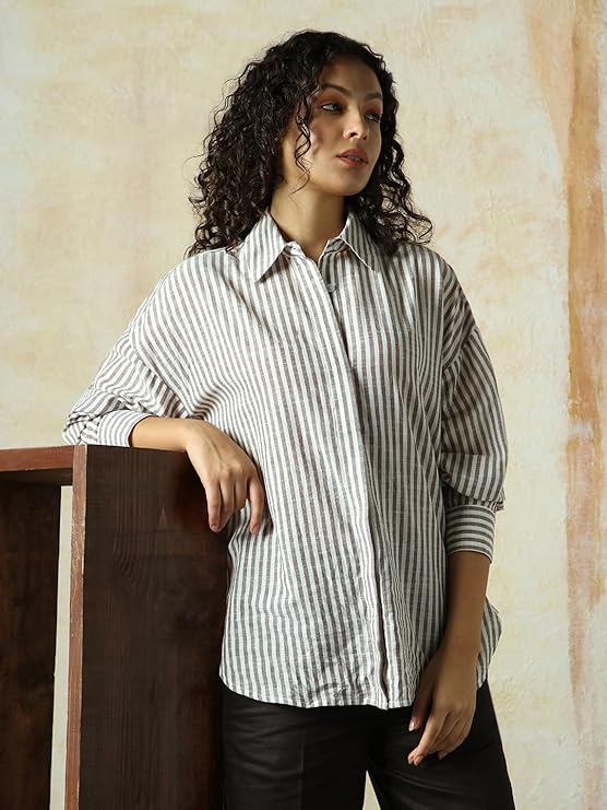 High Star Women Striped Longline Length Oversized Spread Collar Spread Collar Long Sleeve Shirt - Image 2