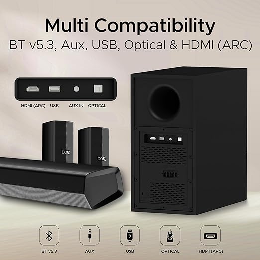 boAt Aavante Bar Azure Pro, 550 W Sound, 5.1CH with Wireless Rear Satellite Speakers, EQ Modes, BTv5.4,Multiple Ports, Master Remote, Bluetooth Sound Bar, Home Theatre Soundbar Speaker (Premium Black) - Image 5