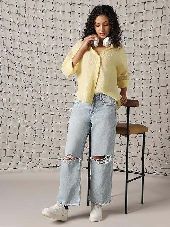 Hubberholme Women Striped Longline Length Oversized Spread Collar Spread Collar Long Sleeve Shirt - Image 3