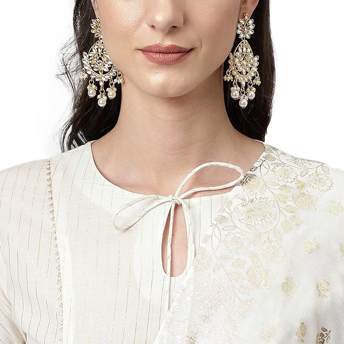 FIORRA Women's Off White Pure Cotton Flared Kurta with Palazzo and Dupatta - Image 5