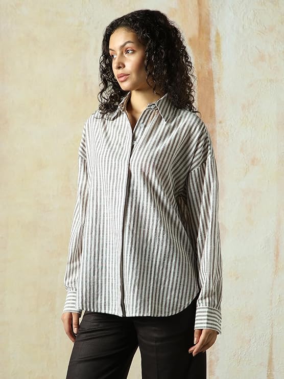 High Star Women Striped Longline Length Oversized Spread Collar Spread Collar Long Sleeve Shirt - Image 3