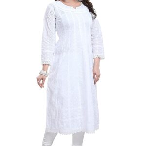 DARIKA White Chikankari Kurti for Women of Rayon Cotton in Plus Size & Small Size.