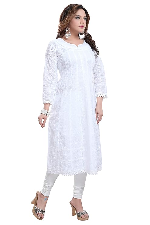 DARIKA White Chikankari Kurti for Women of Rayon Cotton in Plus Size & Small Size. - Image 2