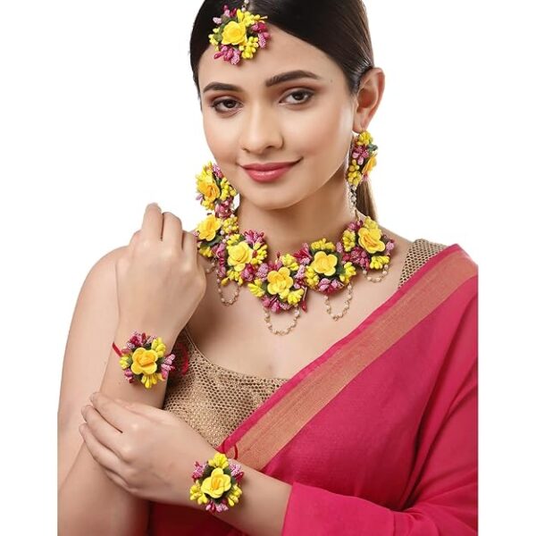 ZENEME Jewellery Flowers Jewellery Set For Haldi Gota Patti Necklace, Earrings, Bracelet & Maang Tika for Women & Girls (Mehandi/Haldi/Wedding/Bridal/Baby Shower) - Image 3